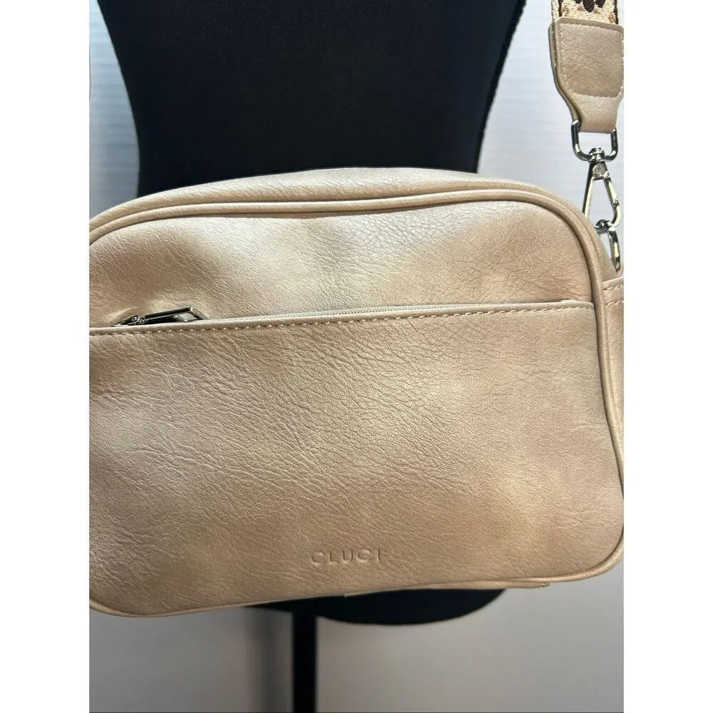 CLUCI Small Crossbody Bag Vegan Leather Boho Guitar Strap Beige NWT
